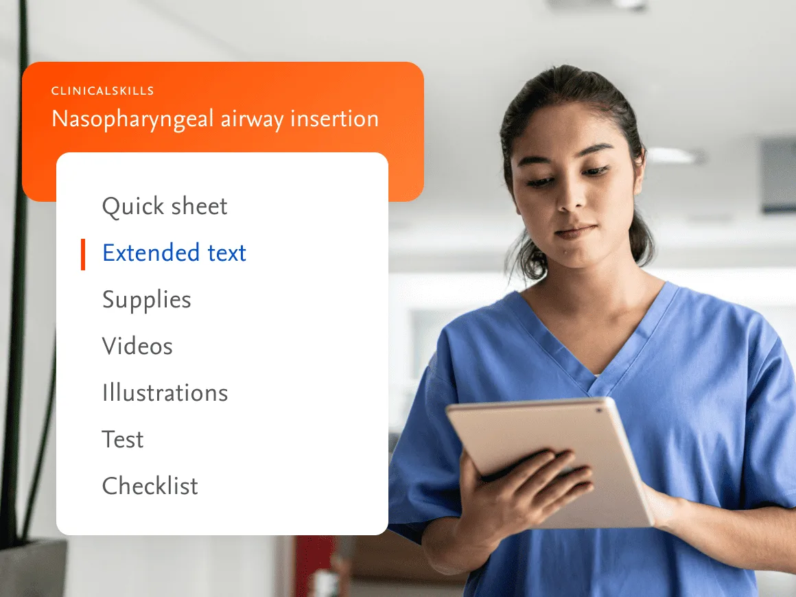 Nurse on ipad with overlay of Clinical Skills content features